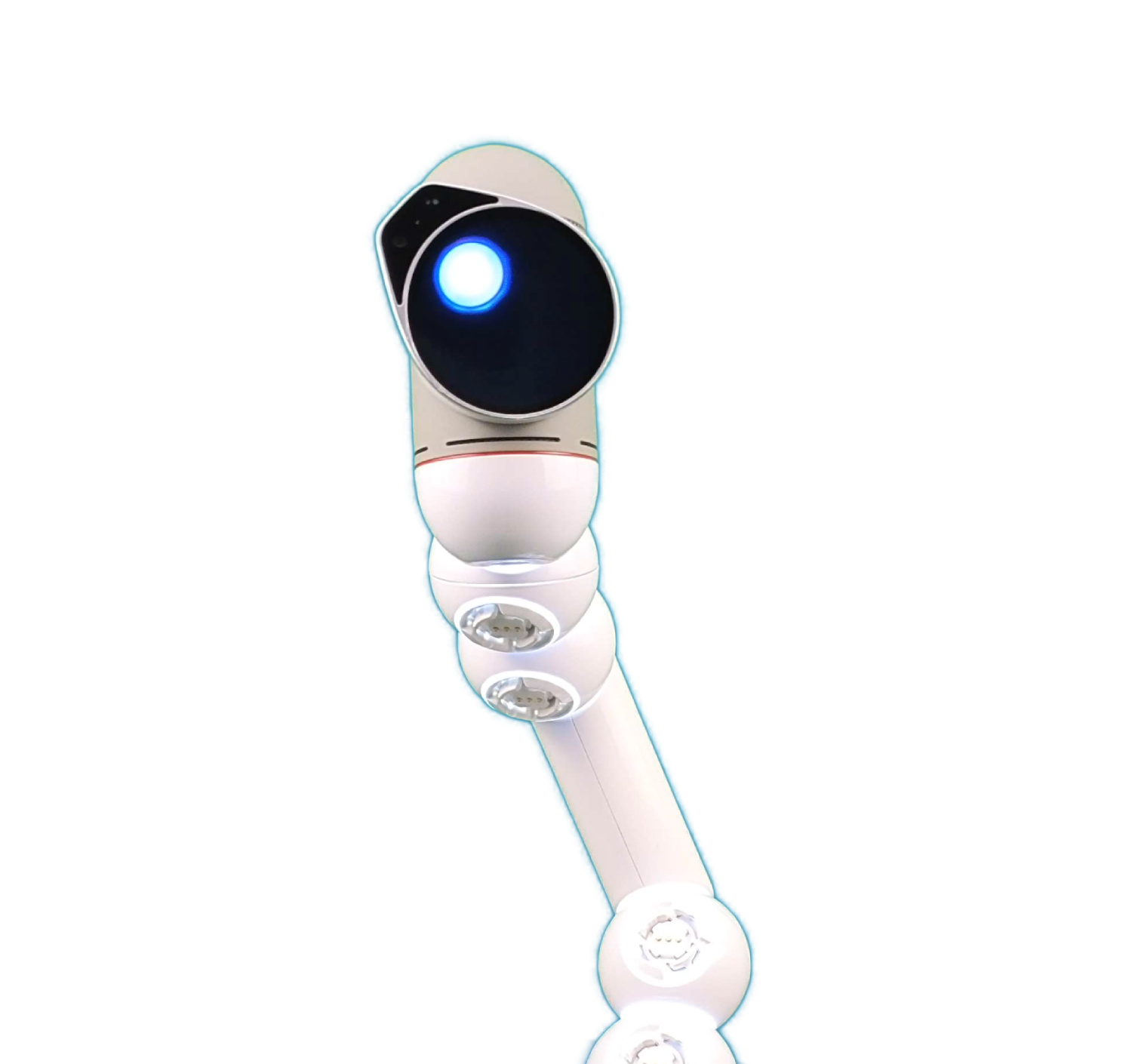 iQ, die weiße Roboter-Moderatorin mit leuchtend blauem Auge